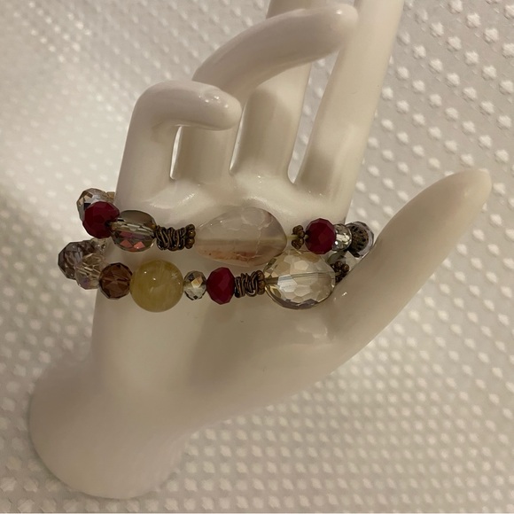 FREE WITH $30 PURCHASE! Boho Layered Crystal & Stone Bracelet Reds Browns #203 - Picture 2 of 5
